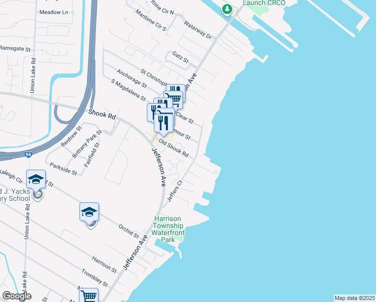 map of restaurants, bars, coffee shops, grocery stores, and more near 26169 Shook Road in Harrison charter Township