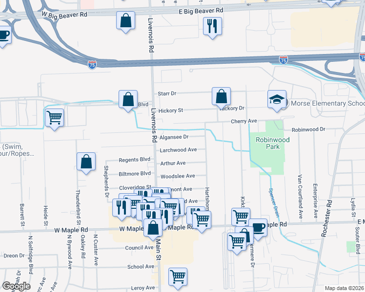 map of restaurants, bars, coffee shops, grocery stores, and more near 109 Larchwood Drive in Troy