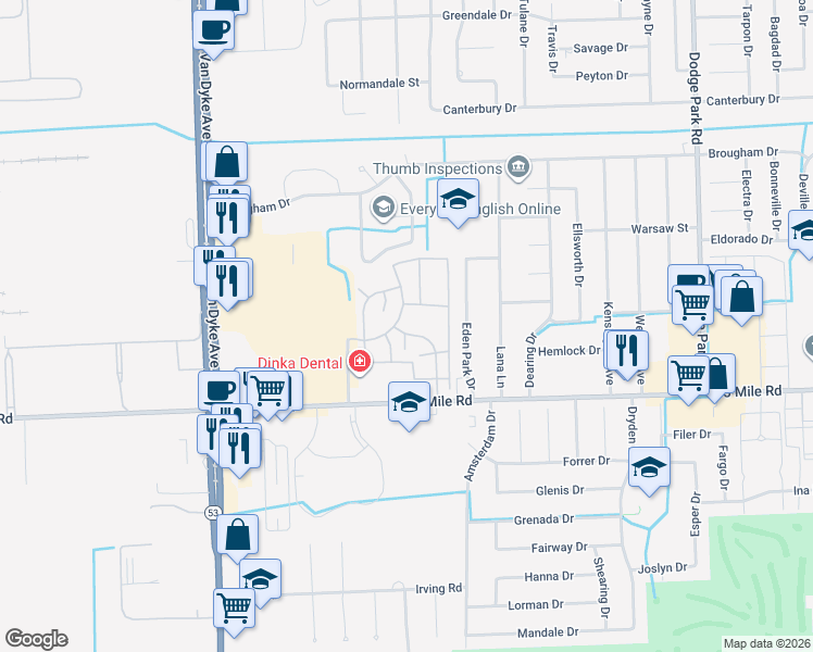 map of restaurants, bars, coffee shops, grocery stores, and more near 35299 Terrybrook Drive in Sterling Heights