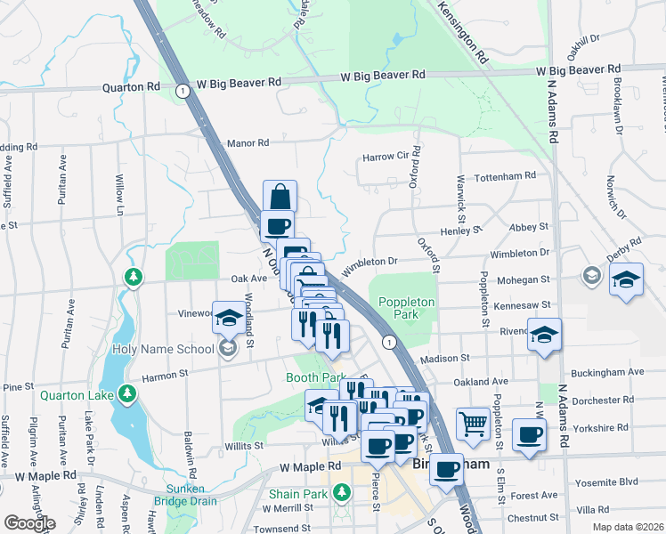 map of restaurants, bars, coffee shops, grocery stores, and more near 139 Wimbleton Drive in Birmingham