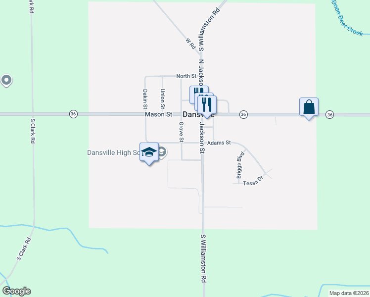 map of restaurants, bars, coffee shops, grocery stores, and more near 1332 Adams St in Dansville