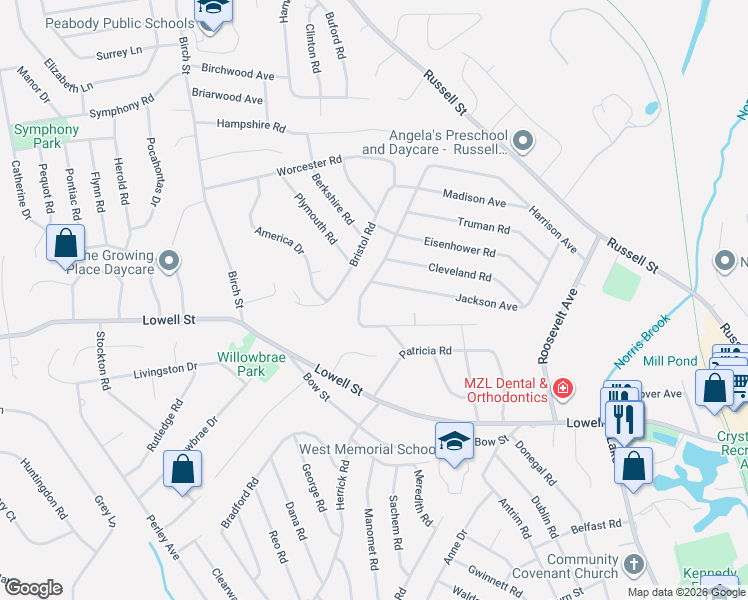 map of restaurants, bars, coffee shops, grocery stores, and more near 60 Harrison Avenue in Peabody