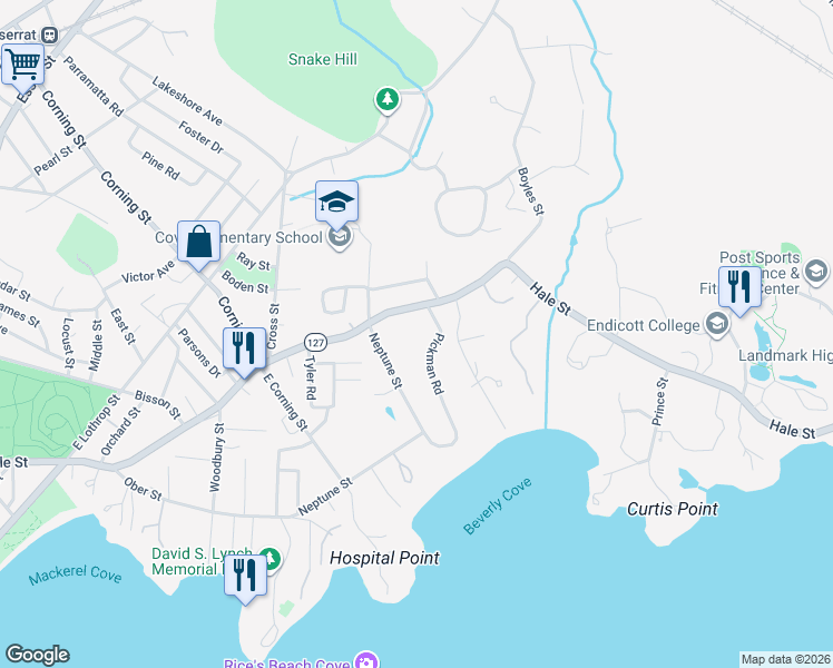 map of restaurants, bars, coffee shops, grocery stores, and more near 11 Pickman Road in Beverly