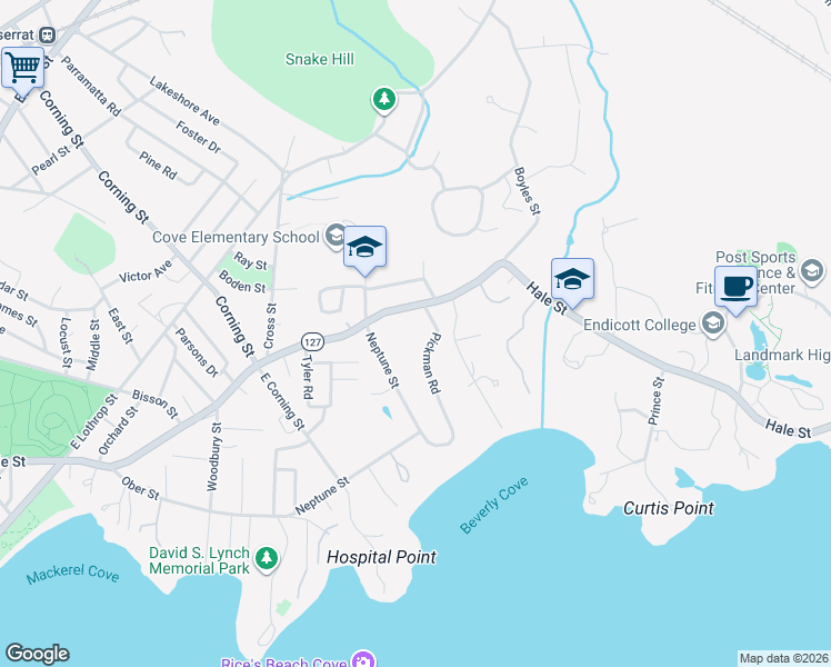 map of restaurants, bars, coffee shops, grocery stores, and more near 11 Pickman Road in Beverly