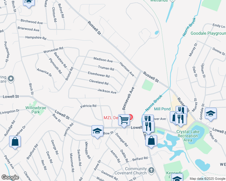 map of restaurants, bars, coffee shops, grocery stores, and more near 24 Jackson Avenue in Peabody