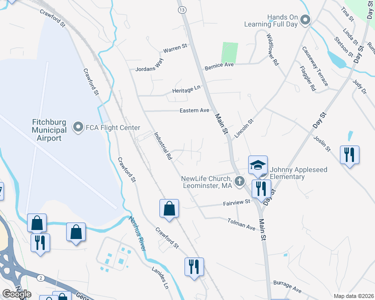 map of restaurants, bars, coffee shops, grocery stores, and more near 39 Fox Meadow Road in Leominster