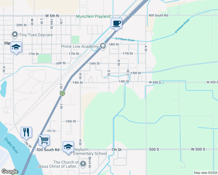 map of restaurants, bars, coffee shops, grocery stores, and more near 461 14th Street in Heyburn