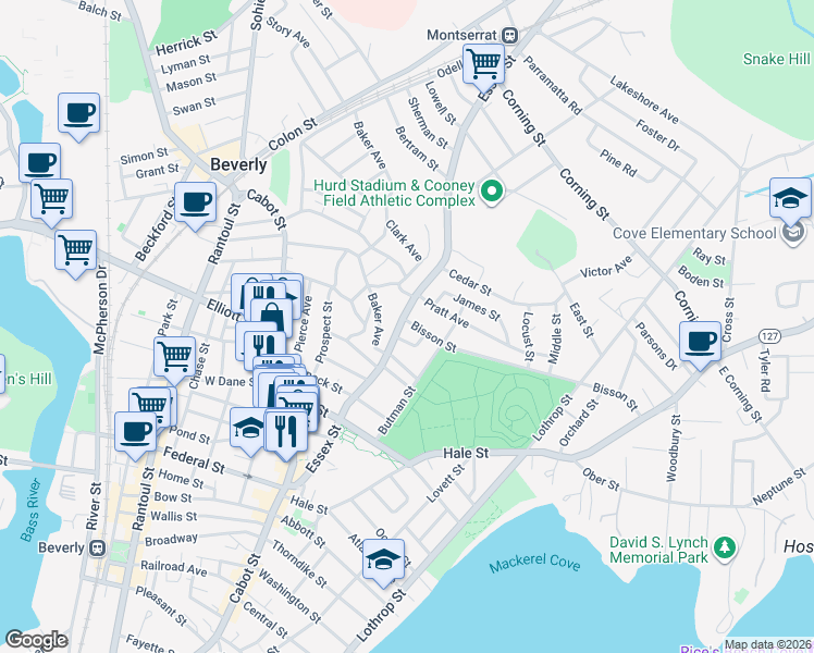 map of restaurants, bars, coffee shops, grocery stores, and more near 71 Essex Street in Beverly