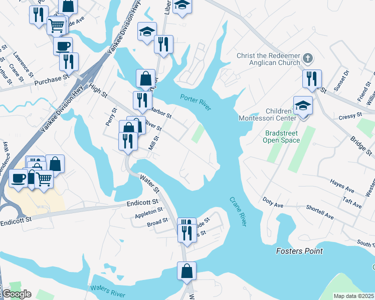 map of restaurants, bars, coffee shops, grocery stores, and more near 42 River Street in Danvers