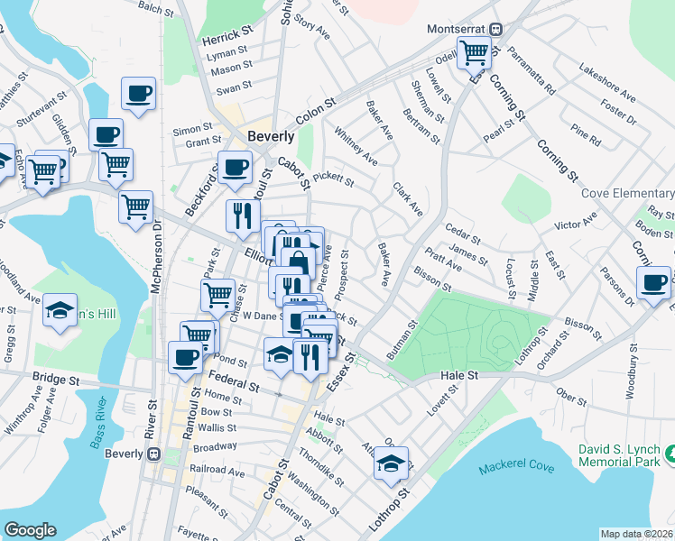 map of restaurants, bars, coffee shops, grocery stores, and more near 22 Madison Avenue in Beverly