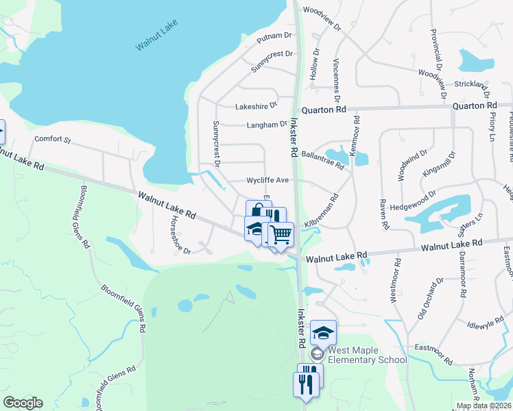 map of restaurants, bars, coffee shops, grocery stores, and more near 2121 Sunnycrest Drive in West Bloomfield Township