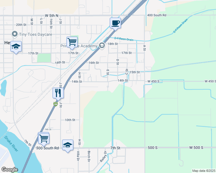 map of restaurants, bars, coffee shops, grocery stores, and more near 461 14th Street in Heyburn