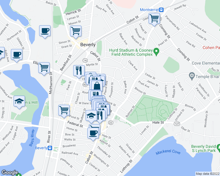 map of restaurants, bars, coffee shops, grocery stores, and more near 22 Prospect Street in Beverly