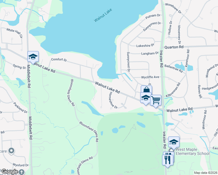 map of restaurants, bars, coffee shops, grocery stores, and more near 2346 Walnut Lake Road in West Bloomfield Township