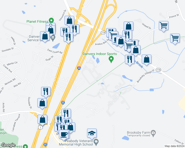 map of restaurants, bars, coffee shops, grocery stores, and more near 150 Andover Street in Peabody