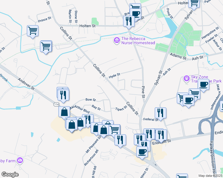 map of restaurants, bars, coffee shops, grocery stores, and more near 93 Collins Street in Danvers