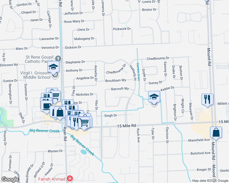 map of restaurants, bars, coffee shops, grocery stores, and more near 4619 Ashburton Place in Sterling Heights