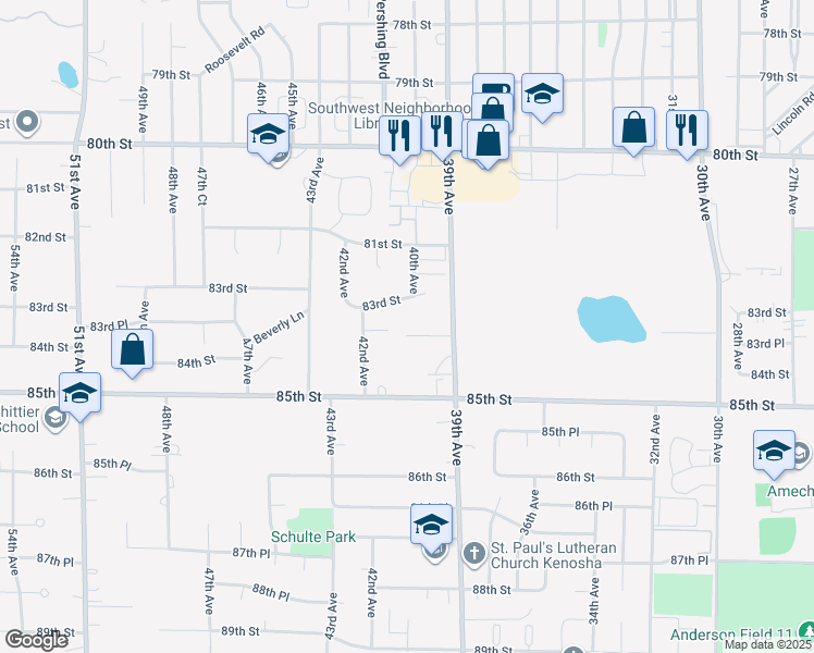 map of restaurants, bars, coffee shops, grocery stores, and more near 4016 83rd Place in Kenosha