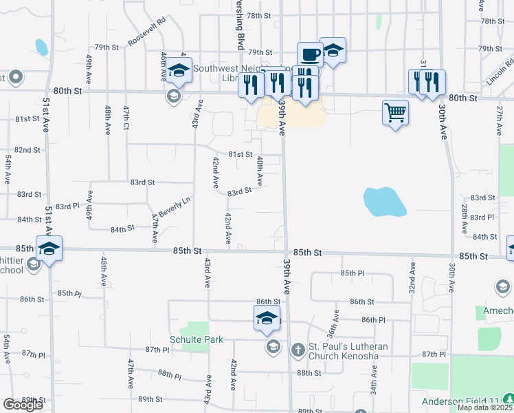 map of restaurants, bars, coffee shops, grocery stores, and more near 4016 83rd Place in Kenosha