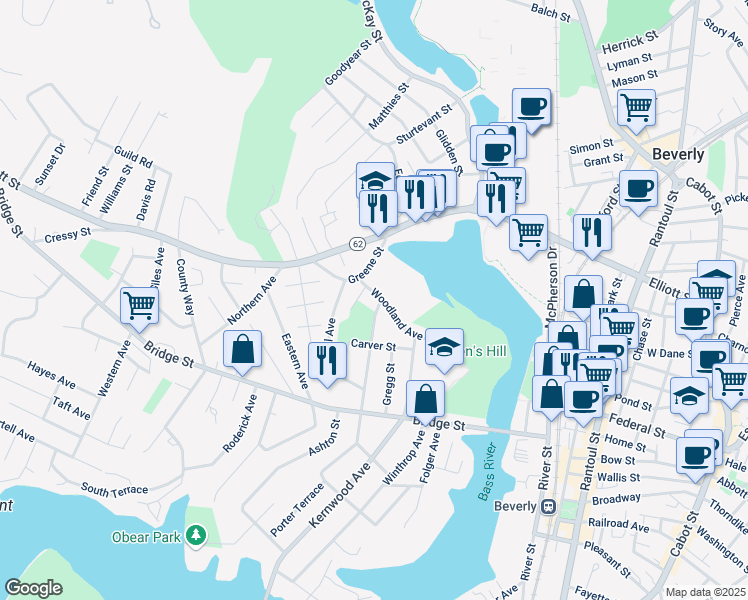 map of restaurants, bars, coffee shops, grocery stores, and more near 3 Livingstone Avenue in Beverly