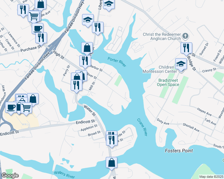 map of restaurants, bars, coffee shops, grocery stores, and more near 3 River Drive in Danvers