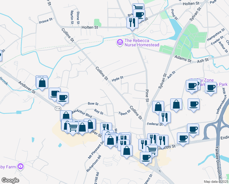map of restaurants, bars, coffee shops, grocery stores, and more near 93 Collins Street in Danvers