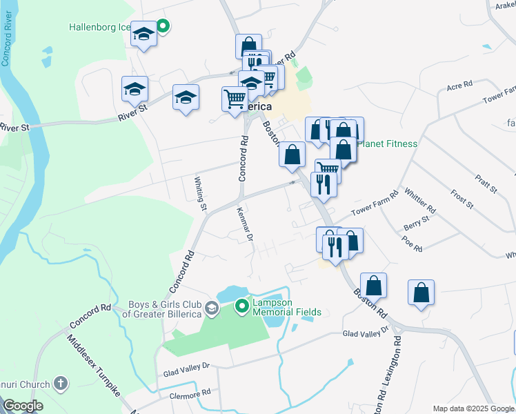 map of restaurants, bars, coffee shops, grocery stores, and more near 20 Charnstaff Lane in Billerica