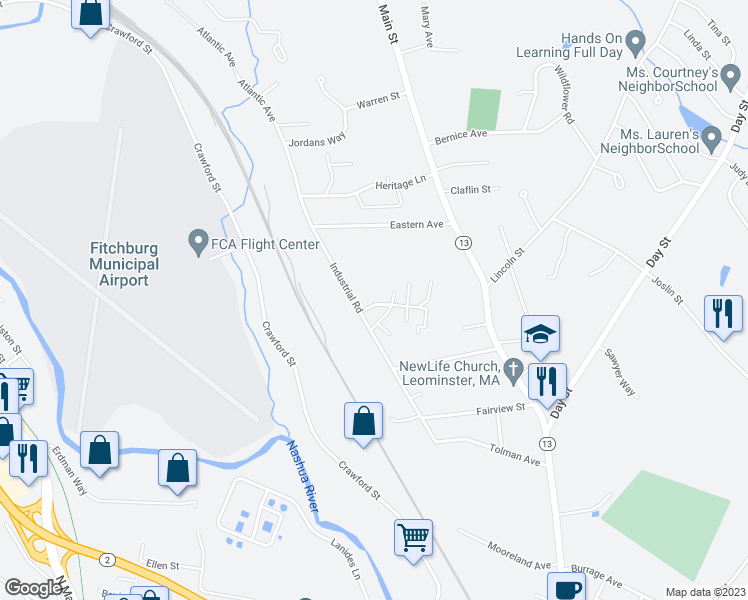 map of restaurants, bars, coffee shops, grocery stores, and more near 53 Fox Meadow Road in Leominster