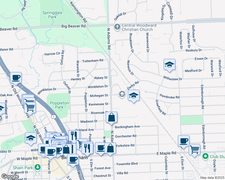 map of restaurants, bars, coffee shops, grocery stores, and more near 1091 Mohegan Street in Birmingham