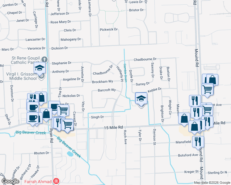 map of restaurants, bars, coffee shops, grocery stores, and more near 4737 Ashburton Place in Sterling Heights