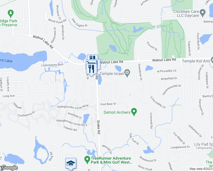 map of restaurants, bars, coffee shops, grocery stores, and more near 5611 Drake Hollow Drive West in West Bloomfield Township