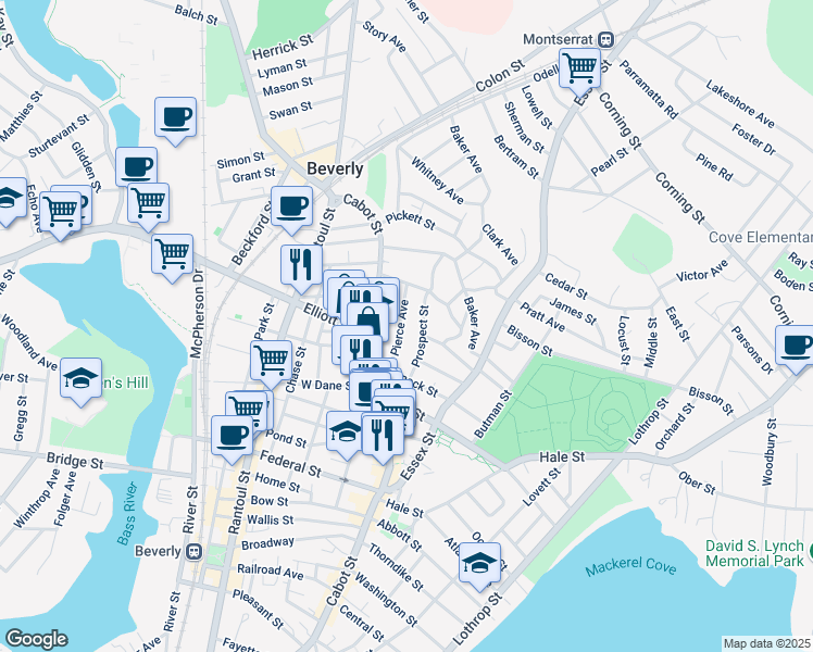 map of restaurants, bars, coffee shops, grocery stores, and more near 22 Madison Avenue in Beverly