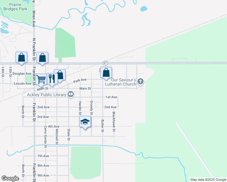 map of restaurants, bars, coffee shops, grocery stores, and more near 1201 1st Avenue in Ackley