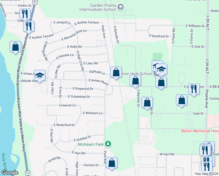 map of restaurants, bars, coffee shops, grocery stores, and more near 2946 Park Avenue in Beloit