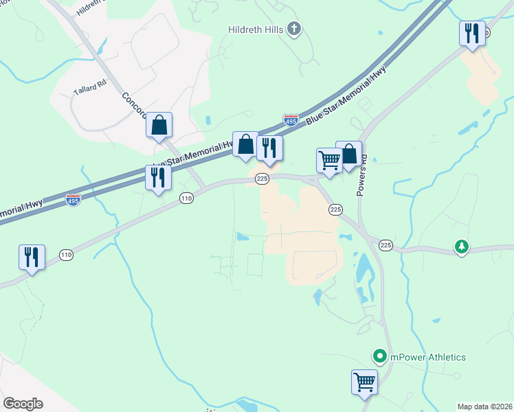 map of restaurants, bars, coffee shops, grocery stores, and more near 1 Tech Valley Dr in Westford