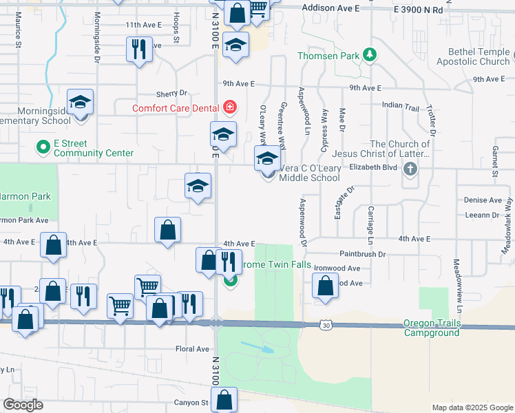 map of restaurants, bars, coffee shops, grocery stores, and more near 2350 Elizabeth Boulevard in Twin Falls