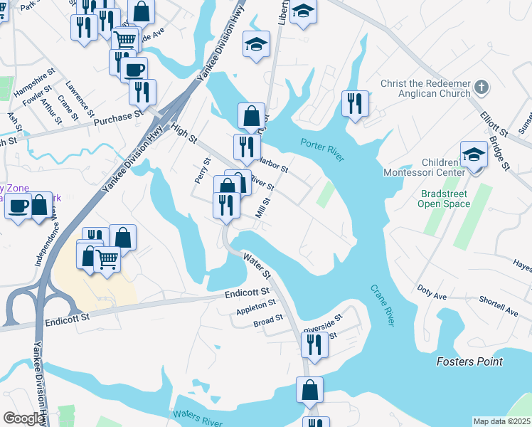 map of restaurants, bars, coffee shops, grocery stores, and more near 15 Mill Street in Danvers