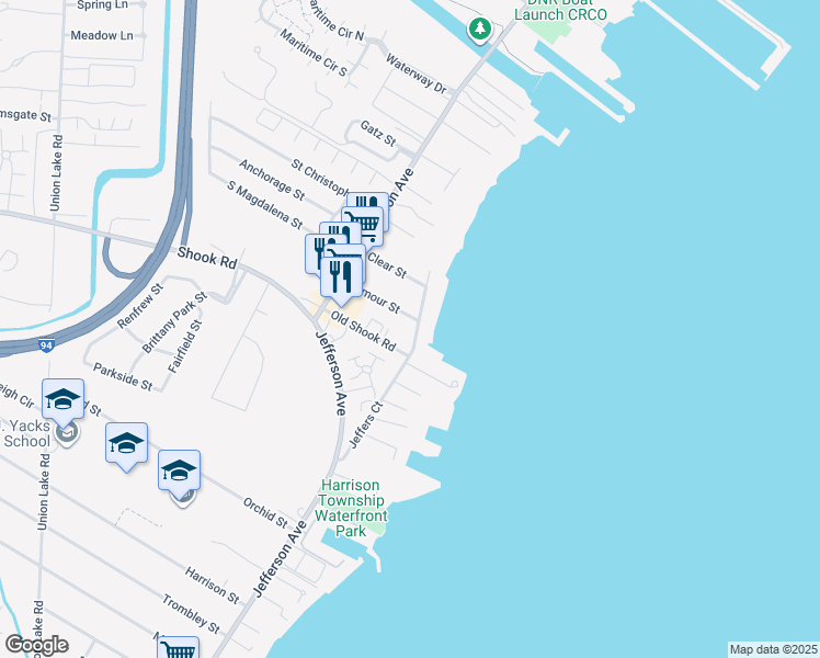 map of restaurants, bars, coffee shops, grocery stores, and more near 26169 Shook Road in Harrison charter Township