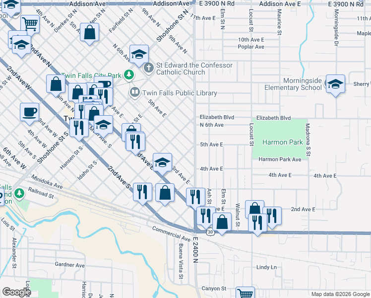map of restaurants, bars, coffee shops, grocery stores, and more near 619 4th Avenue East in Twin Falls