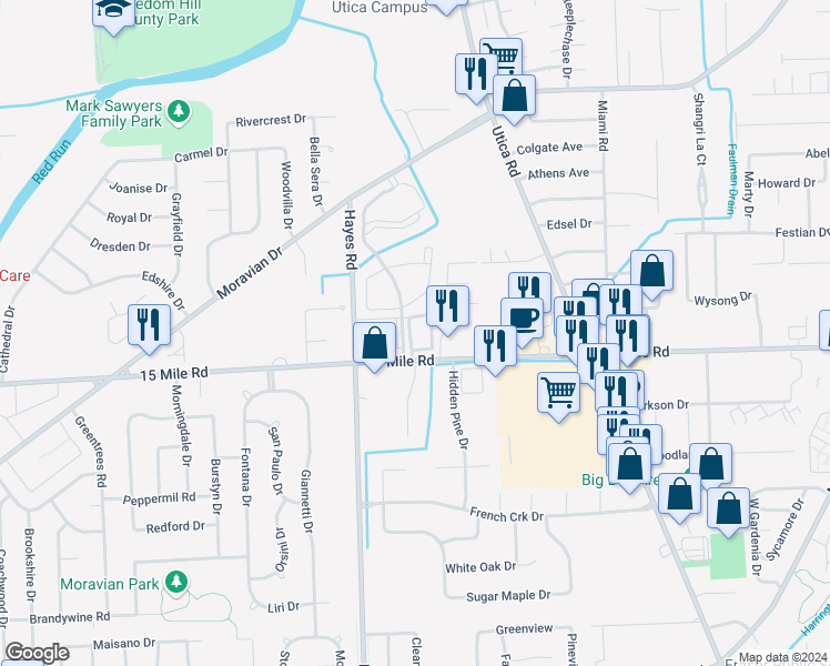 map of restaurants, bars, coffee shops, grocery stores, and more near 15393 15 Mile Road in Clinton Township