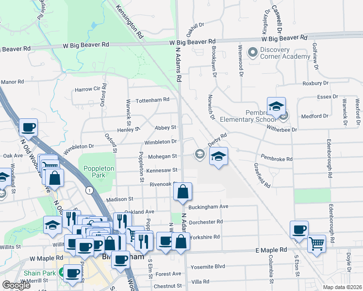 map of restaurants, bars, coffee shops, grocery stores, and more near 1091 Mohegan Street in Birmingham