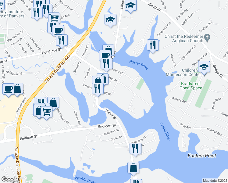 map of restaurants, bars, coffee shops, grocery stores, and more near 1 Mill Street Court in Danvers