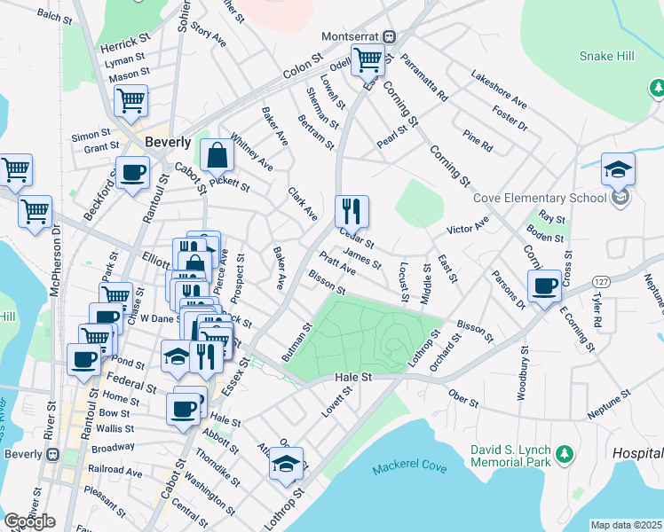 map of restaurants, bars, coffee shops, grocery stores, and more near 18 Bisson Street in Beverly