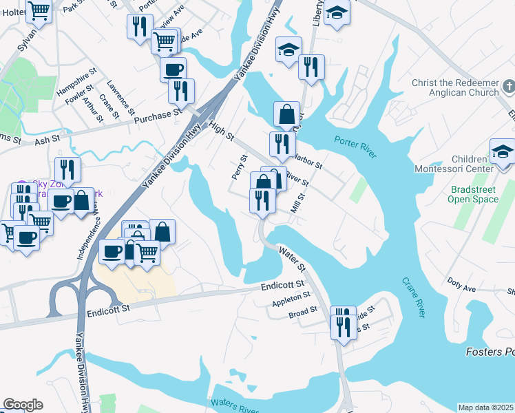map of restaurants, bars, coffee shops, grocery stores, and more near 33 Water Street in Danvers