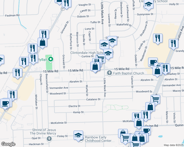 map of restaurants, bars, coffee shops, grocery stores, and more near 34895 Heathmore Drive in Clinton Township
