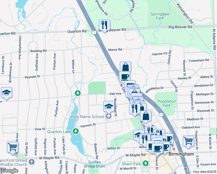 map of restaurants, bars, coffee shops, grocery stores, and more near 608 Oak Avenue in Birmingham