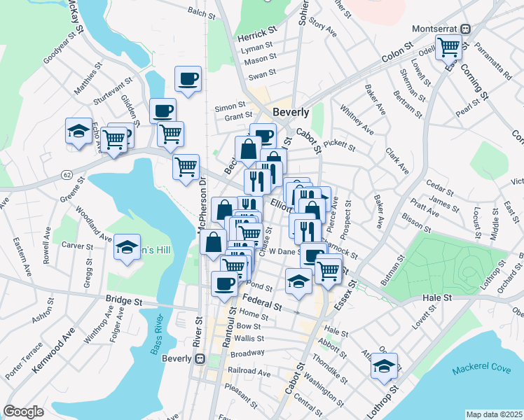 map of restaurants, bars, coffee shops, grocery stores, and more near 38 Roundy Street in Beverly