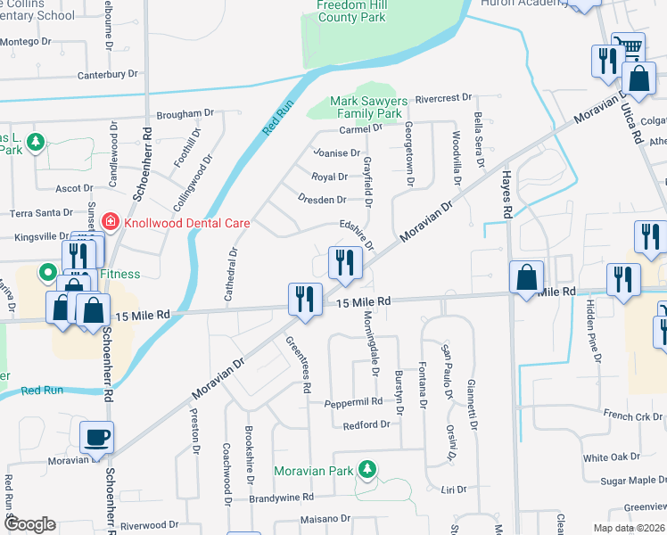 map of restaurants, bars, coffee shops, grocery stores, and more near 14515 15 Mile Road in Sterling Heights