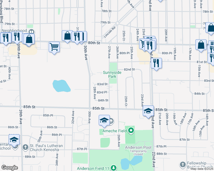 map of restaurants, bars, coffee shops, grocery stores, and more near 8320 27th Avenue in Kenosha