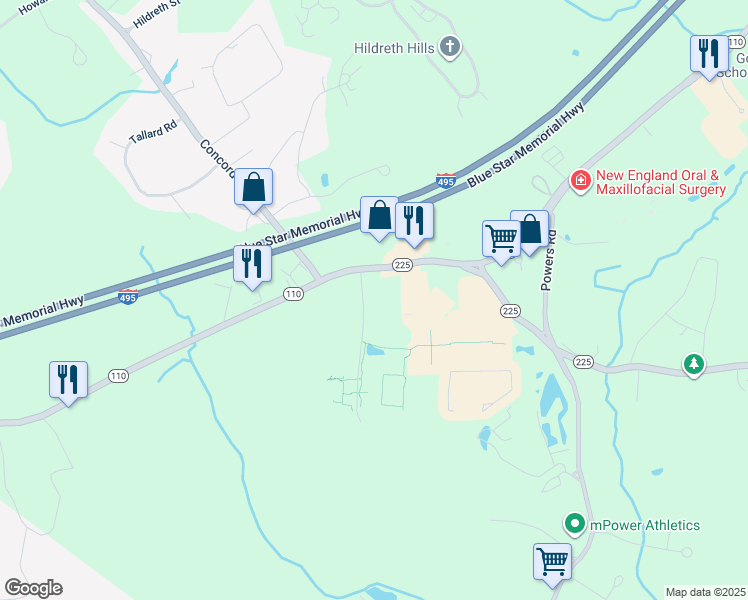 map of restaurants, bars, coffee shops, grocery stores, and more near 2 Robbins Road in Westford